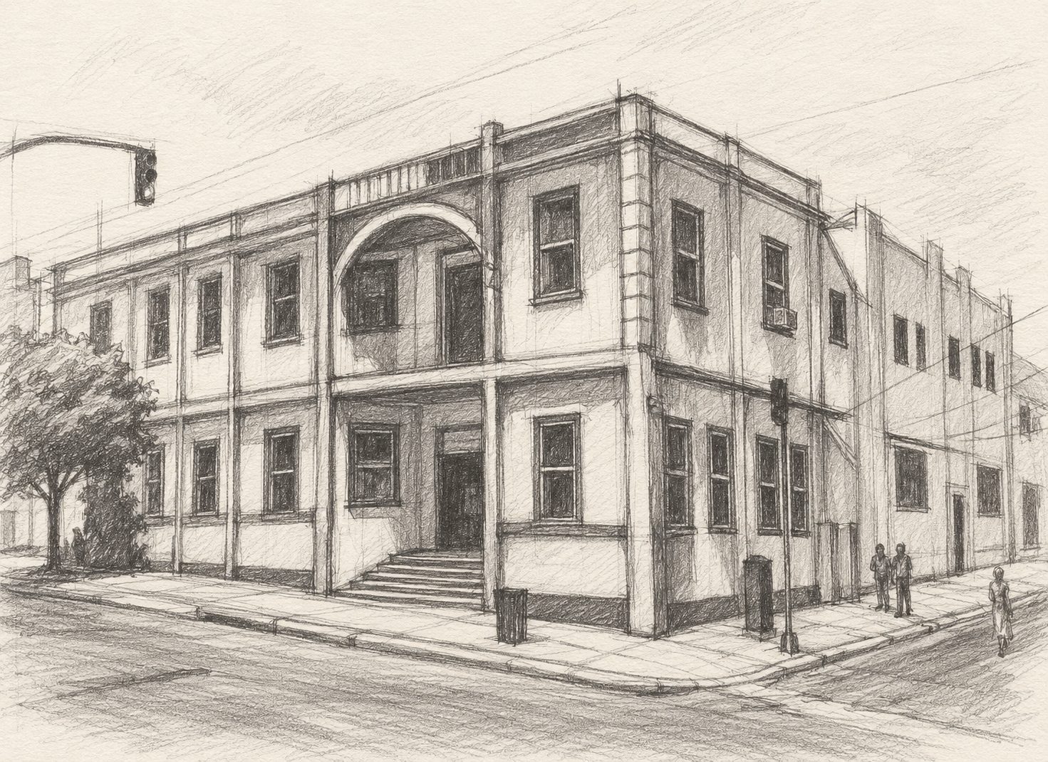 Vaughn Tucker's pencil drawing of Down Town Kingstown: a two-storey corner building in two-point perspective, with construction lines, a traffic light and people on the sidewalk.