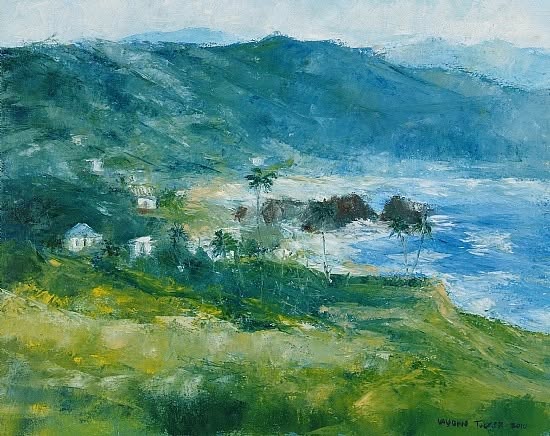 Island Scape by Vaughn Tucker: a green hillside with small white houses and palm trees sloping down to a blue bay with white surf, under misty mountains.
